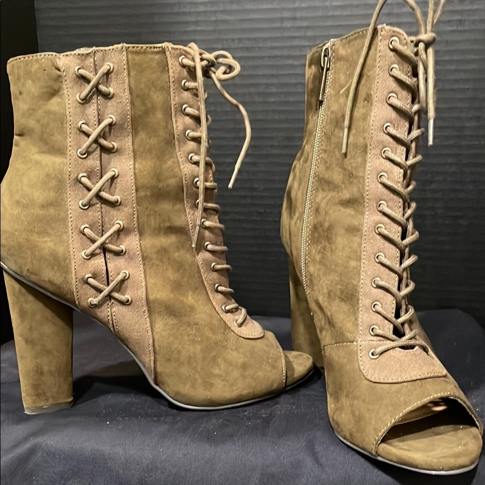 Brown Lace Up Boots with Chunky Heel and Peep Toe